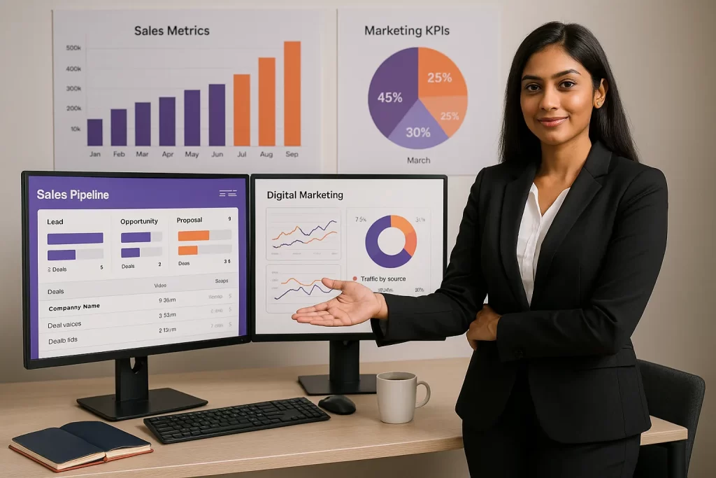 freelance digital marketer in kochi explaining Sales-Informed Marketing in a modern office with both sales and marketing analytics