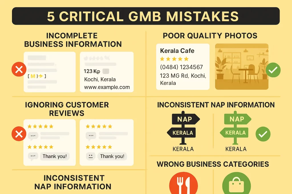 Visual guide showing common Google My Business optimization mistakes that Kerala businesses should avoid for better local search performance