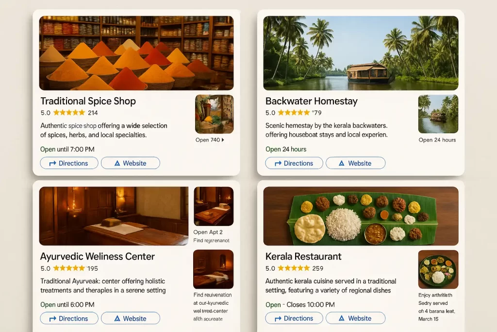 Various Kerala business types showcasing Google My Business optimization including spice shops restaurants homestays and Ayurvedic centers