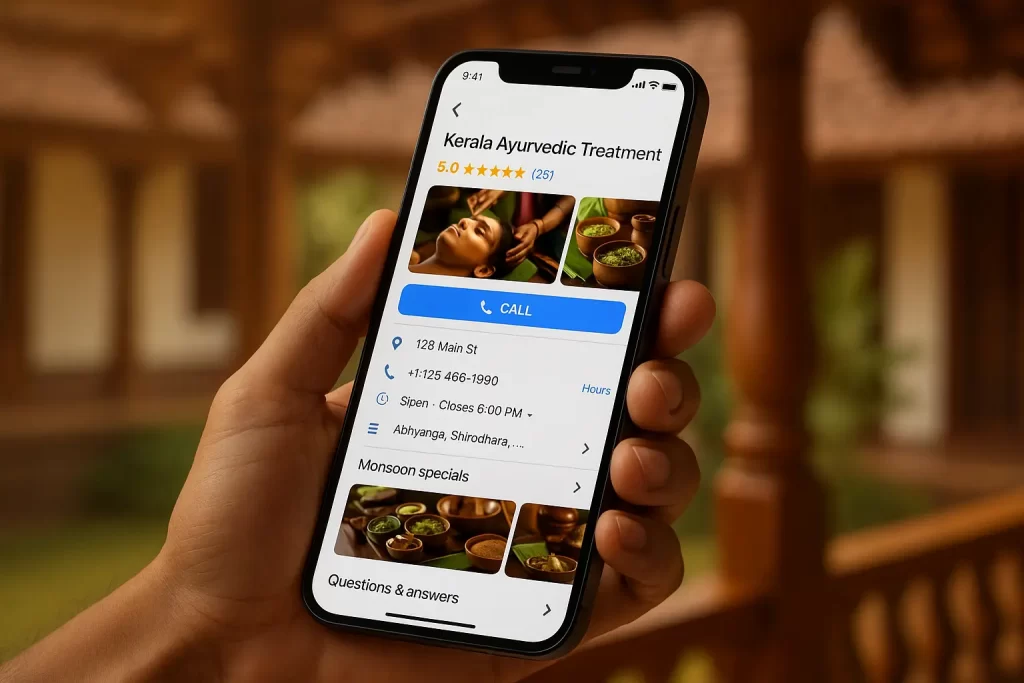 Mobile phone displaying optimized Google My Business profile for Kerala Ayurvedic center with perfect local search optimization