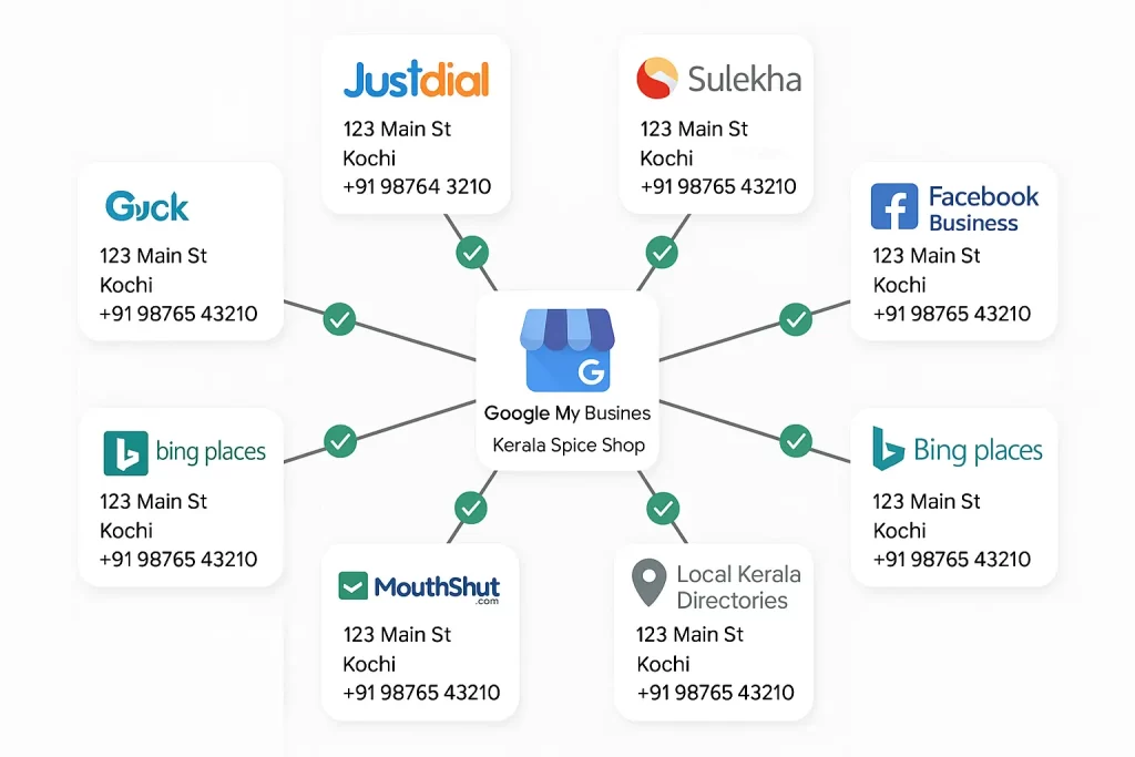 Diagram showing consistent business information across multiple platforms for effective Google My Business optimization strategy