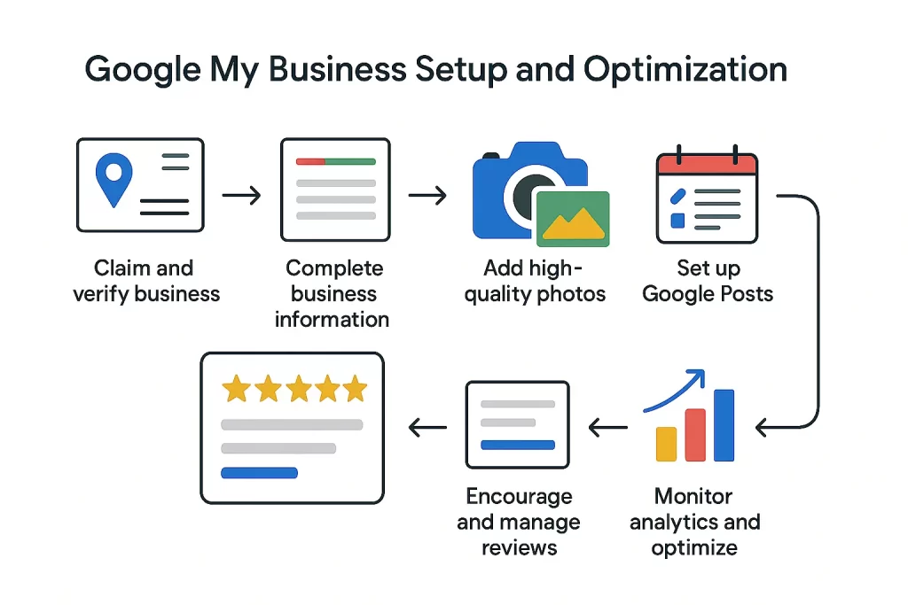Visual step-by-step guide for Google My Business optimization setup process for new Kerala businesses